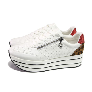 Бели дамски обувки с равна подметка, здрава еко-кожа - всекидневни обувки за пролетта и лятото N 100013504