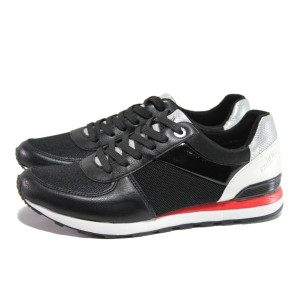 Черни дамски обувки с равна подметка, еко-кожа и текстилна материя - спортни обувки за пролетта и лятото N 100013518