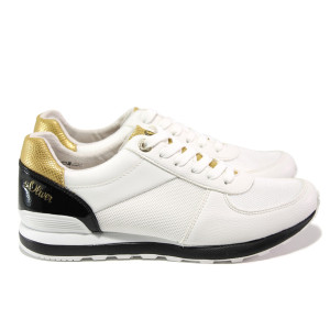 Бели дамски обувки с равна подметка, еко-кожа и текстилна материя - спортни обувки за пролетта и лятото N 100013517