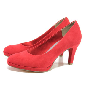 Анатомични червени дамски обувки с висок ток, качествен еко-велур - официални обувки за целогодишно ползване N 100013560