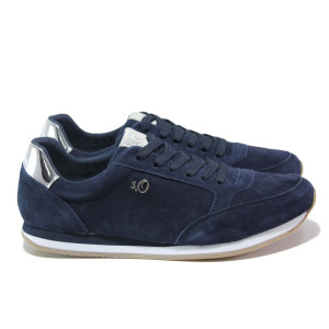 Тъмносини дамски обувки с равна подметка, естествен велур - спортни обувки за пролетта и лятото N 100013598