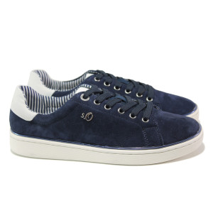 Тъмносини дамски обувки с равна подметка, естествен велур - спортни обувки за пролетта и лятото N 100013638