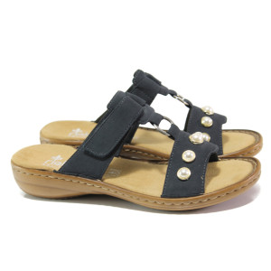 Тъмносини дамски чехли, здрава еко-кожа - ежедневни обувки за пролетта и лятото N 100013879