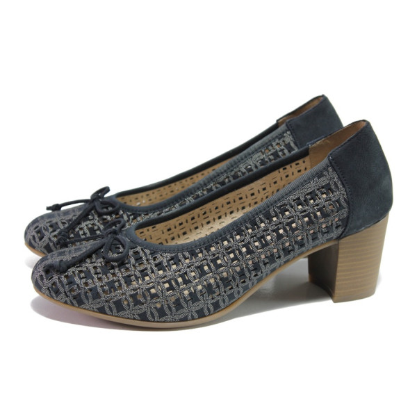 Тъмносини дамски обувки със среден ток, естествена кожа - ежедневни обувки за пролетта и лятото N 100013886