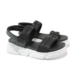 Анатомични черни дамски сандали, еко-кожа и текстилна материя - ежедневни обувки за пролетта и лятото N 100013927