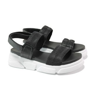 Анатомични черни дамски сандали, еко-кожа и текстилна материя - ежедневни обувки за пролетта и лятото N 100013927