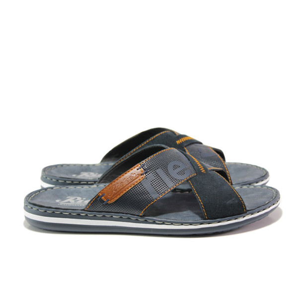 Сини мъжки чехли, естествена кожа и велурена еко-кожа - ежедневни обувки за пролетта и лятото N 100014017