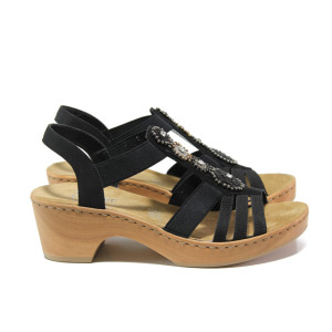 Черни дамски сандали, еко-кожа и текстилна материя - ежедневни обувки за пролетта и лятото N 100014065