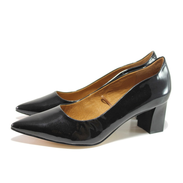 Черни дамски обувки със среден ток, лачена естествена кожа - официални обувки за целогодишно ползване N 100014392