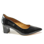 Черни дамски обувки със среден ток, лачена естествена кожа - официални обувки за целогодишно ползване N 100014392