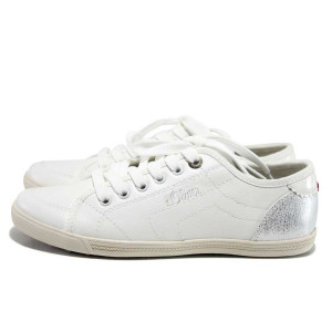 Бели дамски обувки с равна подметка, здрава еко-кожа - спортни обувки за пролетта и лятото N 100015081