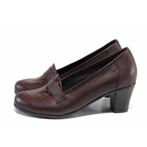 Винени дамски обувки със среден ток, естествена кожа с крокодилска шарка - всекидневни обувки за пролетта и лятото N 100016077