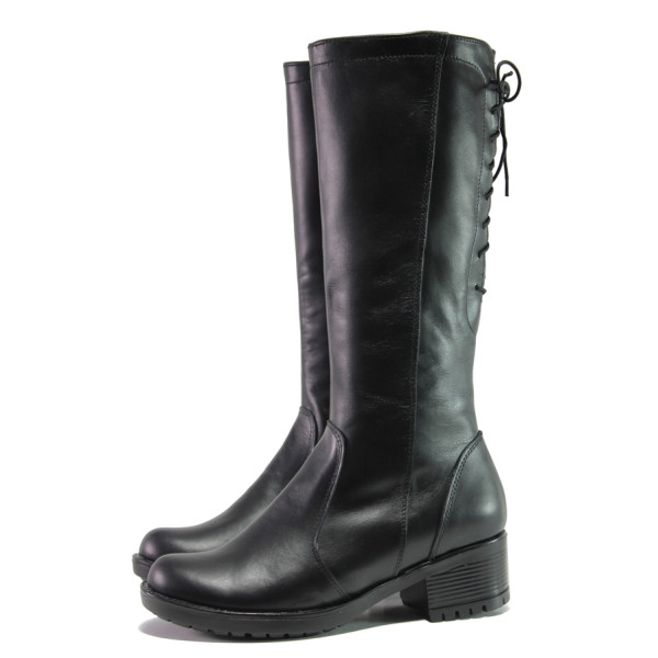 Черни дамски ботуши, естествена кожа - ежедневни обувки за есента и зимата N 100016480