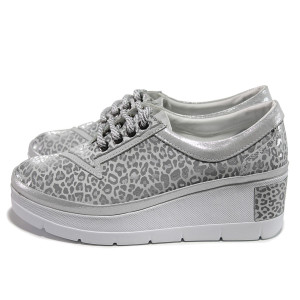 Сребристи дамски обувки с платформа, естествена кожа - ежедневни обувки за пролетта и лятото N 100015313