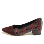 Винени дамски обувки със среден ток, еко-кожа и велурена кожа - официални обувки за целогодишно ползване N 100015333