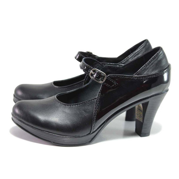 Черни анатомични дамски обувки с висок ток, естествена кожа и лачена естествена кожа  - официални обувки за пролетта и лятото N 100015460