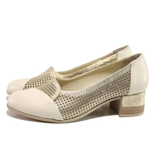 Бежови дамски обувки със среден ток, естествена кожа - всекидневни обувки за пролетта и лятото N 100015490