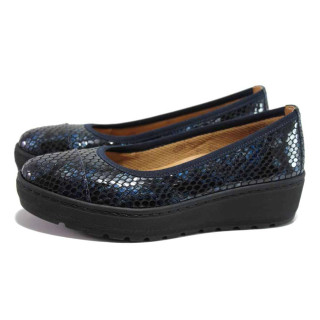 Тъмносини дамски обувки с платформа, естествена кожа с крокодилска шарка - всекидневни обувки за пролетта и лятото N 100015495