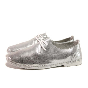 Сребристи дамски обувки с равна подметка, естествена кожа - всекидневни обувки за пролетта и лятото N 100015551