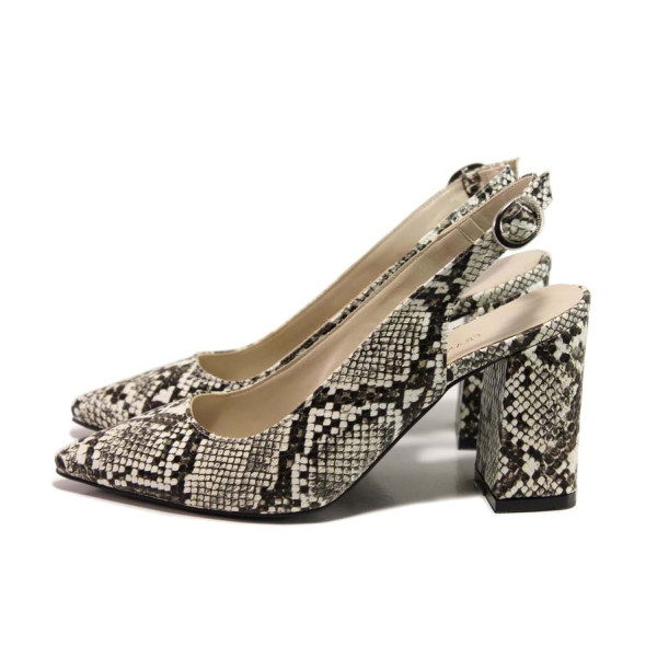 Бежови дамски обувки с висок ток, еко-кожа с крокодилска шарка - елегантни обувки за пролетта и лятото N 100015679