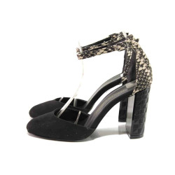 Черни анатомични дамски обувки с висок ток, еко-кожа и велурена кожа - елегантни обувки за пролетта и лятото N 100015681