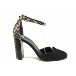 Черни анатомични дамски обувки с висок ток, еко-кожа и велурена кожа - елегантни обувки за пролетта и лятото N 100015681