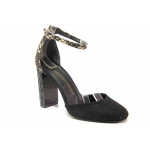 Черни анатомични дамски обувки с висок ток, еко-кожа и велурена кожа - елегантни обувки за пролетта и лятото N 100015681