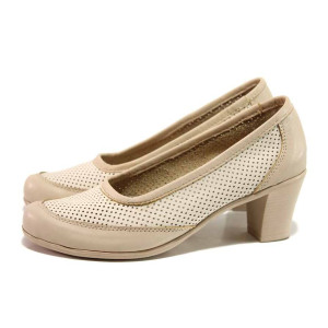 Бежови анатомични дамски обувки със среден ток, естествена кожа - ежедневни обувки за пролетта и лятото N 100015812