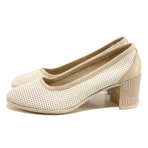 Бежови анатомични дамски обувки със среден ток, естествена кожа - всекидневни обувки за пролетта и лятото N 100015763