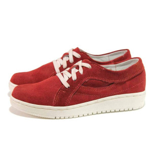 Червени анатомични дамски обувки с равна подметка, естествен велур - всекидневни обувки за пролетта и лятото N 100015768