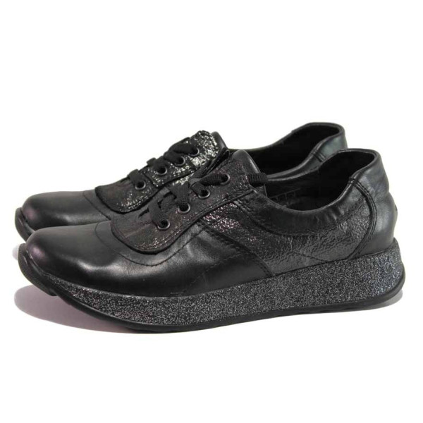 Черни анатомични дамски обувки с равна подметка, естествена кожа - ежедневни обувки за пролетта и лятото N 100015826