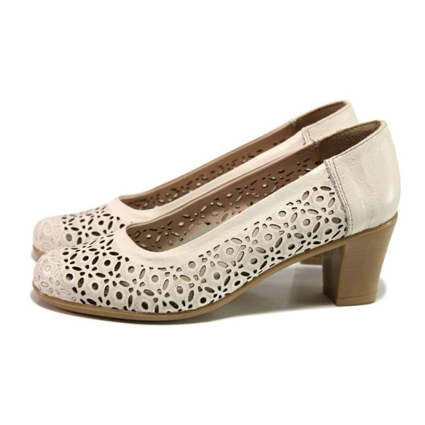 Бежови дамски обувки със среден ток, естествена кожа - всекидневни обувки за пролетта и лятото N 100015952