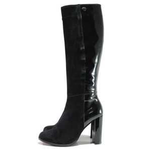 Черни дамски ботуши, естествен велур с лачена кожа - елегантни обувки за есента и зимата N 100015884