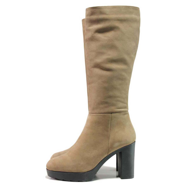 Бежови дамски ботуши, естествен велур - официални обувки за есента и зимата N 100015885