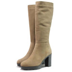 Бежови дамски ботуши, естествен велур - официални обувки за есента и зимата N 100015885