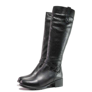 Черни дамски ботуши, естествена кожа с крокодилска шарка - ежедневни обувки за есента и зимата N 100015891