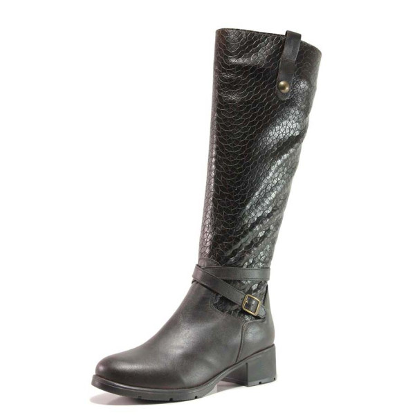 Кафяви дамски ботуши, естествена кожа с крокодилска шарка - всекидневни обувки за есента и зимата N 100015892