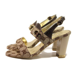 Кафяви дамски сандали, естествена кожа и текстилна материя - ежедневни обувки за пролетта и лятото N 100015959