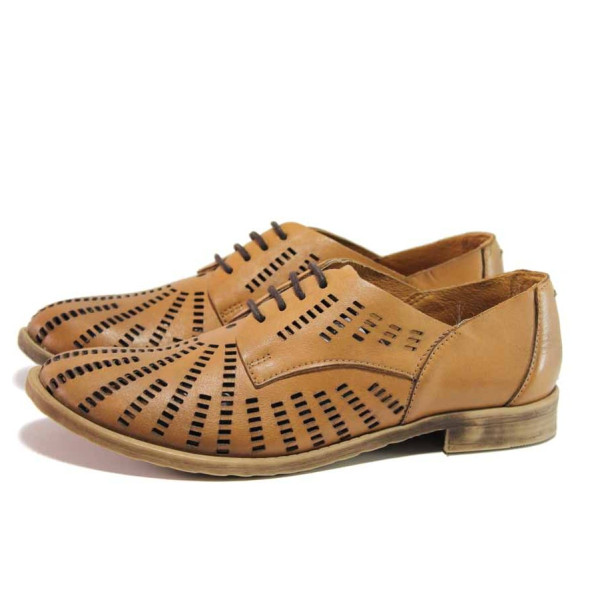 Кафяви дамски обувки с равна подметка, естествена кожа - ежедневни обувки за пролетта и лятото N 100015949