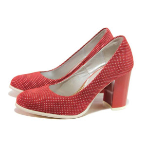 Червени анатомични дамски обувки с висок ток, естествен велур - ежедневни обувки за пролетта и лятото N 100016138