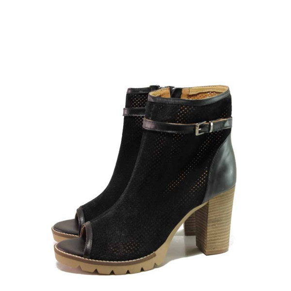 Черни летни дамски боти, естествен велур - ежедневни обувки за пролетта и лятото N 100016060