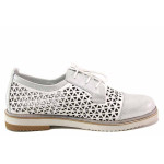 Бели дамски обувки с равна подметка, естествена кожа перфорирана - всекидневни обувки за пролетта и лятото N 100016240