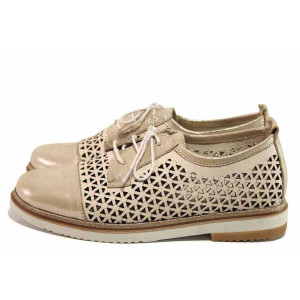 Бежови дамски обувки с равна подметка, естествена кожа перфорирана - ежедневни обувки за пролетта и лятото N 100016241