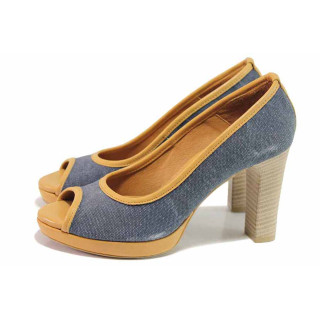 Сини дамски обувки с висок ток, текстилна материя - елегантни обувки за пролетта и лятото N 100016248