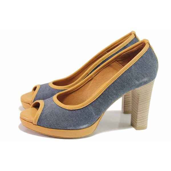 Сини дамски обувки с висок ток, текстилна материя - елегантни обувки за пролетта и лятото N 100016248