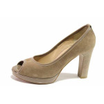 Бежови дамски обувки с висок ток, естествен велур с лачена кожа - официални обувки за пролетта и лятото N 100016249