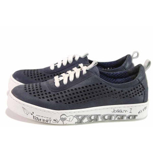 Сини дамски обувки с равна подметка, естествена кожа перфорирана - всекидневни обувки за пролетта и лятото N 100016260