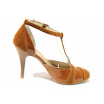 Светлокафяви анатомични дамски обувки с висок ток, естествена кожа и лачена естествена кожа  - официални обувки за пролетта и лятото N 100016308