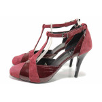 Винени дамски обувки с висок ток, естествена кожа и лачена естествена кожа  - елегантни обувки за пролетта и лятото N 100016309