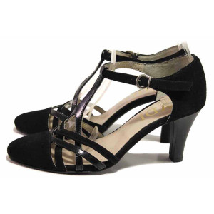 Черни дамски обувки със среден ток, естествен велур с лачена кожа - официални обувки за пролетта и лятото N 100016313